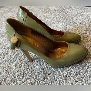 Escada Olive Green Patent Leather Bow Heel Pumps